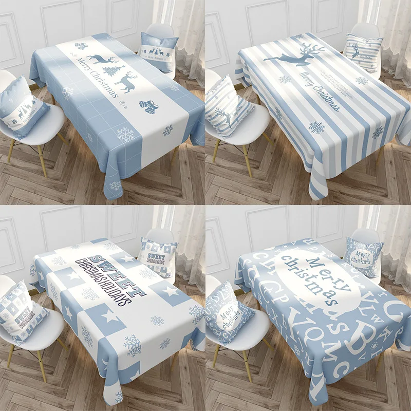 

Blue Elk Pattern Waterproof Table Cloth Restaurant Tea Linen Tablecloth Square Striped Table Cover For Dinner Merry christmas