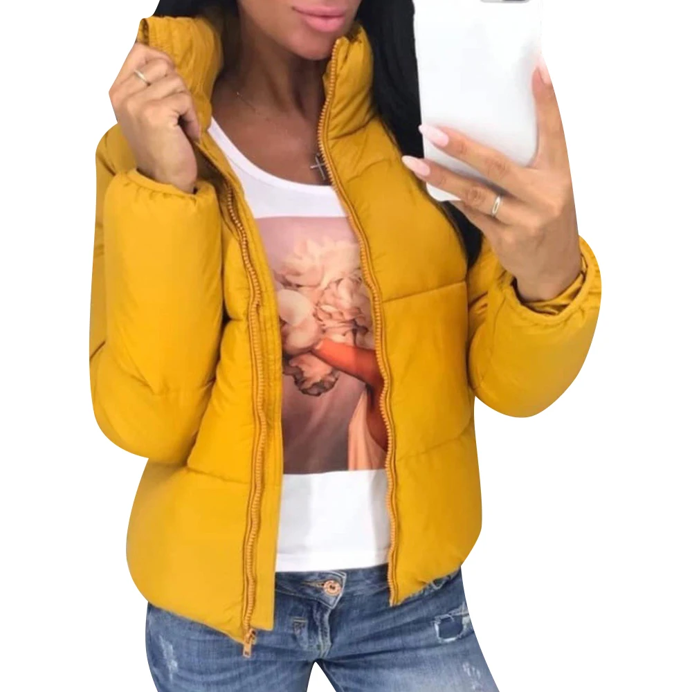 Ginger Yellow Укороченное пальто с высоким воротником, толстое теплое зимнее пальто для женщин, стильное одноцветное пальто на молнии, женское повседневное пальто, новинка, зимняя верхняя одежда D25 - Цвет: Ginger Yellow