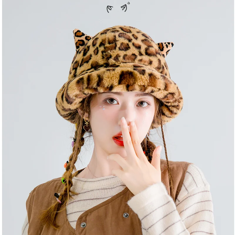 

Winter Fashion Cute Leopard Cat Ear Fluffy Bucket Hat for Women Thick Warm Faux Fur Furly Fisherman Cap шапка женская зима 2021