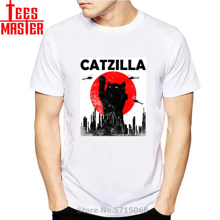 Newest Catzilla T Shirt Japanese Sunset Style Cat Vintage Kitten Lover Gift Tshirt Crewneck Soft Black Harajuku Cotton Tops Tees | Мужская