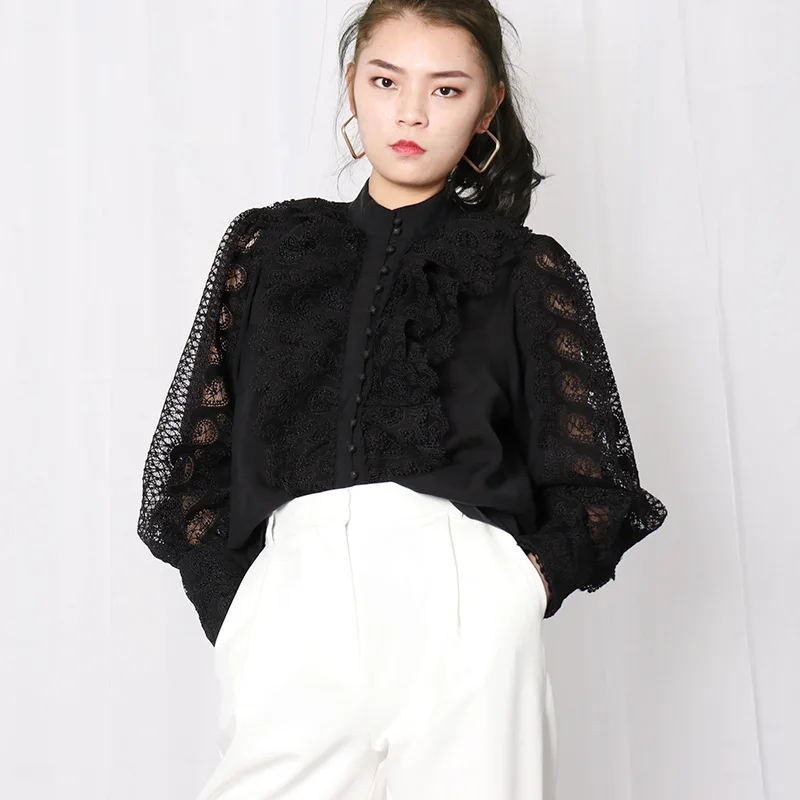 

Женская ажурная рубашка с вышивкой, белая блузка с воротником-стойкой и вышивкой в виде листьев лотоса, лето 2021