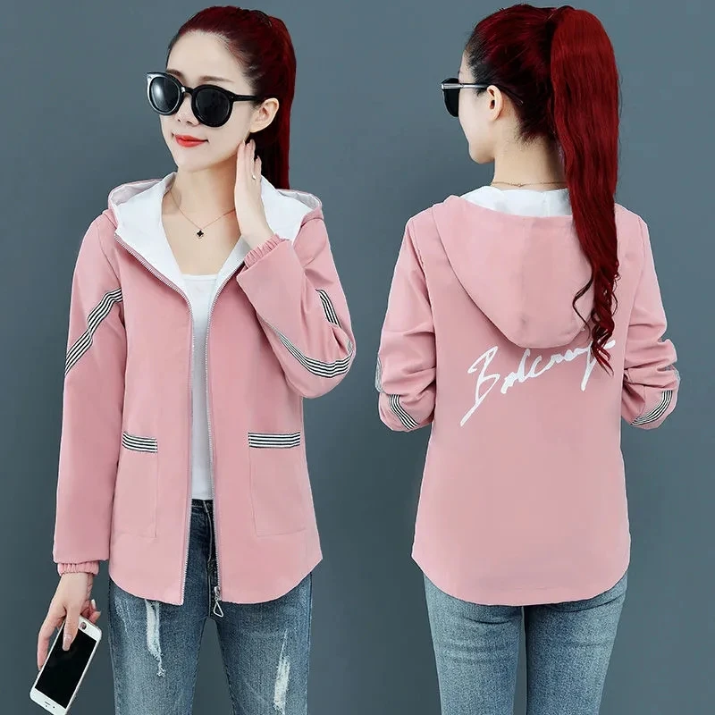 

Double Coat Female Short Windbreaker Zipper Spring Autumn Korean Loose Hooded Windbreaker Coats Women's Top Pocket Pink Red 408