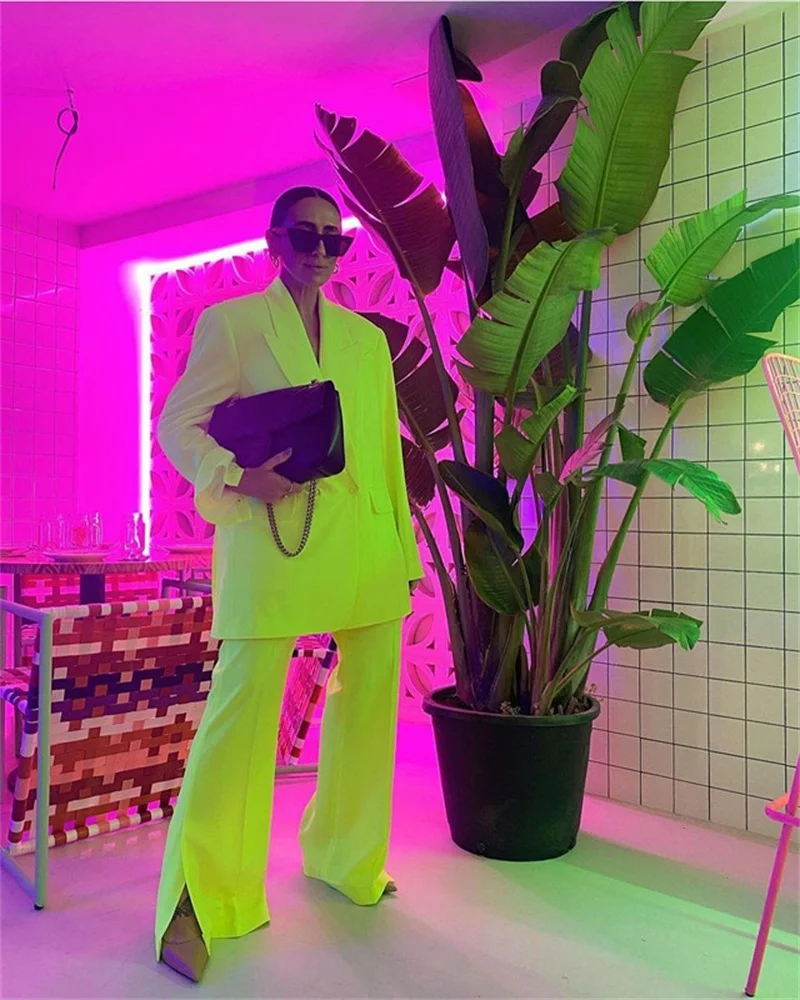 2 Pieces Oversize Women Suits Lapel Modern Casual Coat+Pant Bright Yellow Fashion Formal Party Suits For Women Custom Made