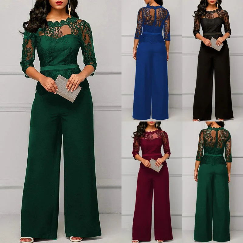 Elegant Sexy Jumpsuits Women Long Sleeve Lace Patchwork Loose Trousers Wide Leg Pants Rompers Holiday Leotard Overalls | Женская одежда
