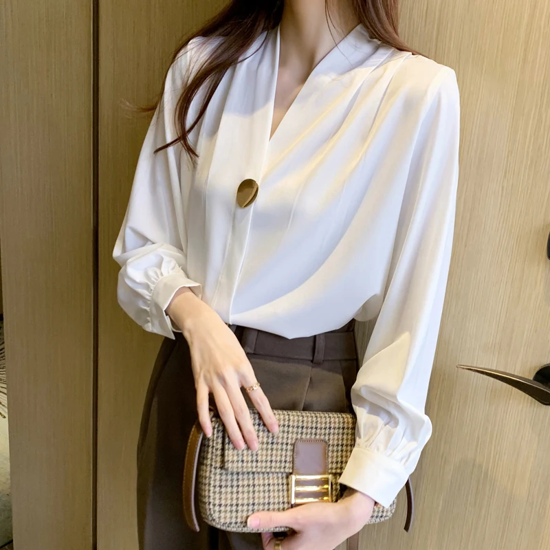 

Silk Satin Loose Women's Shirts Casual Long Sleeve Blusas Solid Color V-neck Shirt Autumn New Fashion Blouses Houthion