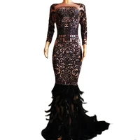 shining diamonds women mermaid black feather long dresses nightclub singer dancer performance stage wear evening prom costume