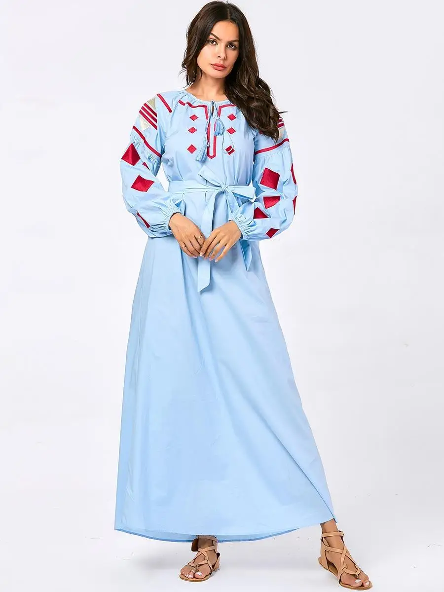 Мусульманское женское Вышитое Платье макси с длинным рукавом халат ислам Дубаи