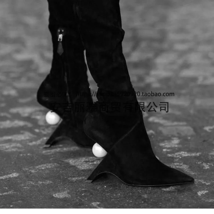 

Casual Designer Sexy lady runway heels fashion women's black real leather wedge high heels ankle zip boots