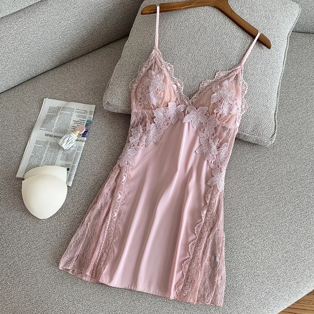 

Sexy Hollow Out Nightgown Women Satin Nightdress Spaghetti Strap Sleepwear Lace Patchwork Sleep Dress V-neck Home Dress