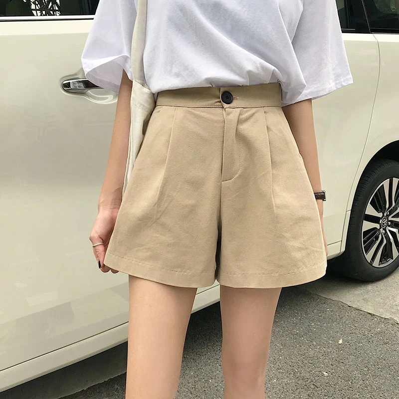 

Summer Shorts Women High Waist Slim Wide Leg Pants Khaki Black 2021 New Female Students Harajuku Ladies Casual Suit Shorts