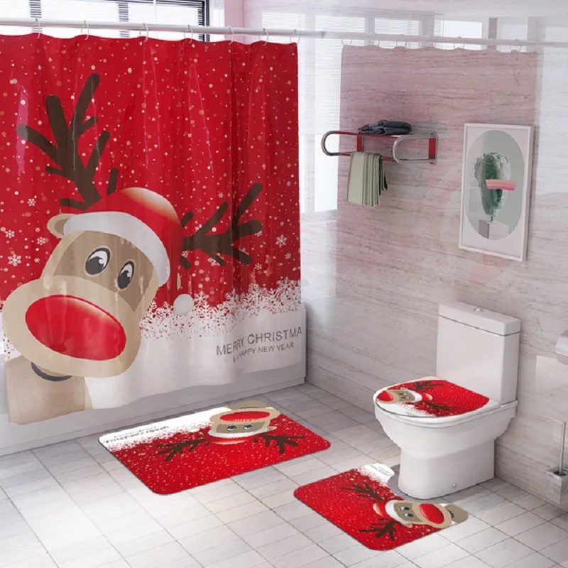 Merry Christmas Elk Santa набор водонепроницаемых душевых штор для ванной комнаты ковриков