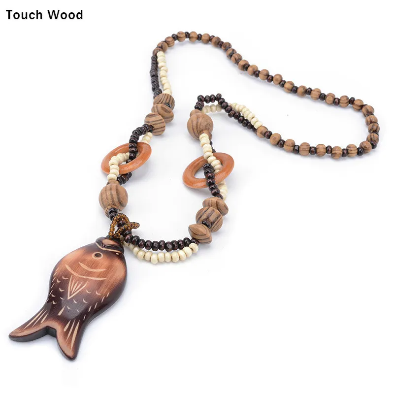 

Wood beads necklace / hand-woven small fish sweater chain 64cm / wholesale dropshipping