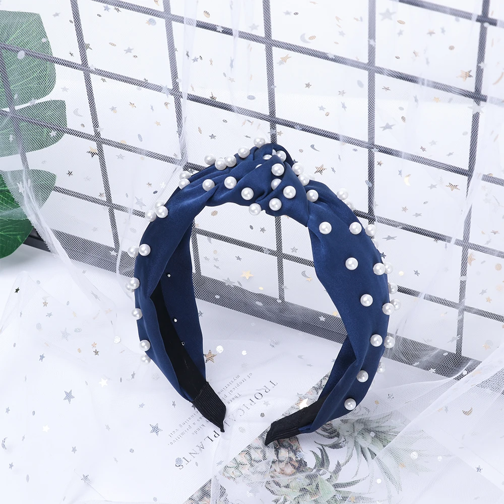 navy blue 2 В богемном стиле однотонные Цвет мягкий бархат центр узел широкая лента для волос с жемчугом завязанная повязка на волосы Индивидуальные Женские аксессуары для волос - Цвет: navy blue 2
