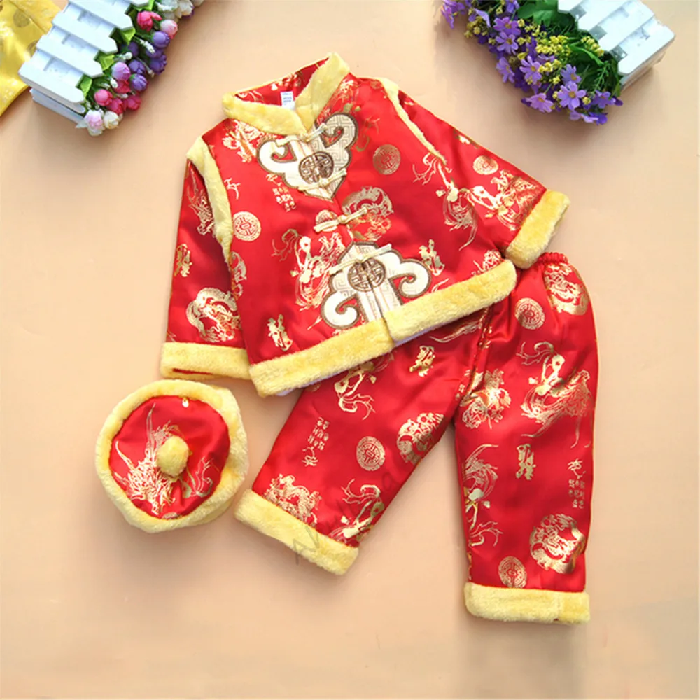 

Boys Girls Tang Chinese Traditional Costumes For Newborn Baby Embroidery Winter Red New Year Birthday Christmas Gift With Hat