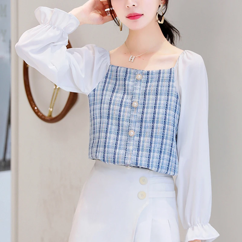 

Lucyever 2021 Осенняя новая клетчатая Лоскутная Блузка женская модная рубашка на пуговицах с квадратным вырезом и длинным рукавом корейские Топы в студенческом стиле