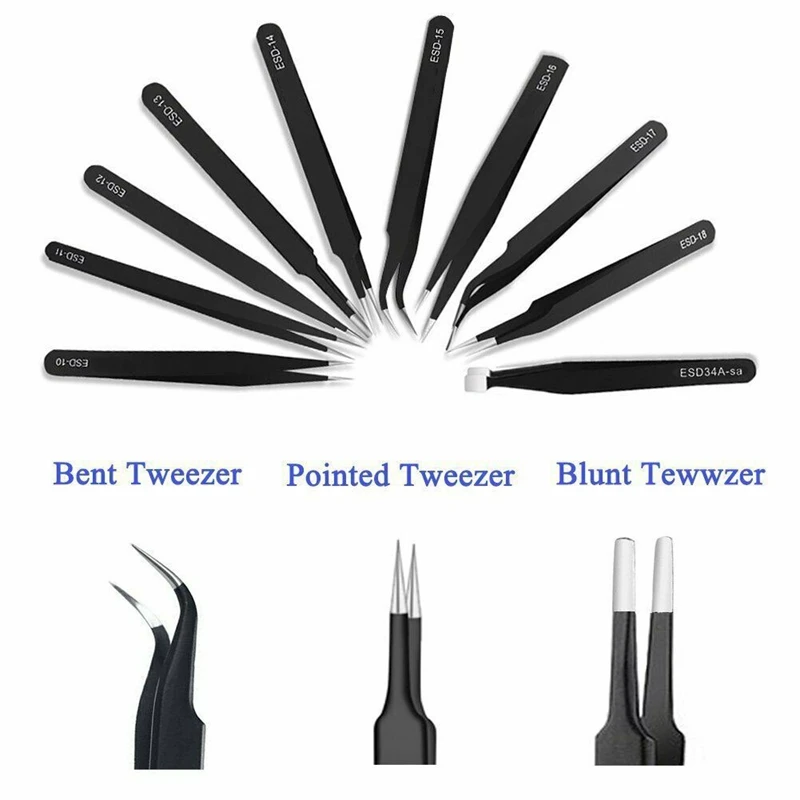 10 X Esd Precision Anti-Static Tweezers Set Maintenance Stainless Steel Tools Kit | Инструменты