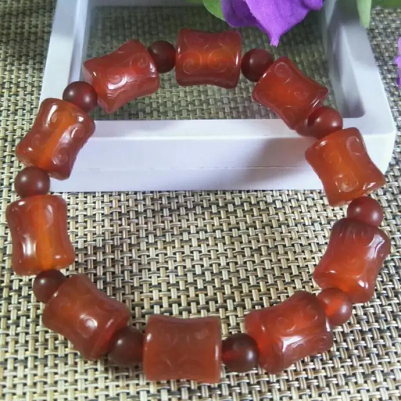 

Natural Jades Bracelet Men Women Red Agate Bamboo Beads Elastic Beaded Bangles Exquisite Hand-carved Pattern Amulet Bracelets