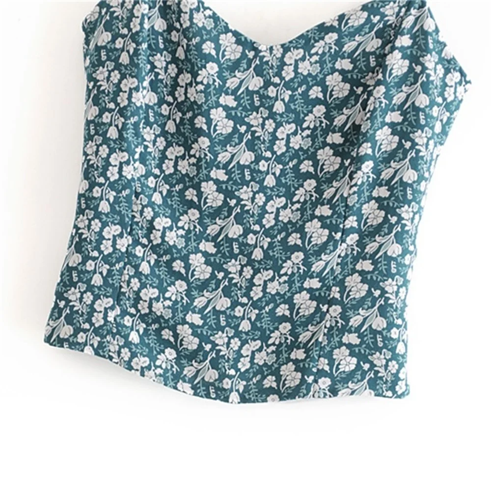 

2020 Spring Women's New French Garden Floral Print Slim Stretch Corset Camisole Skinny Bottoming Corset Stretch Short Top