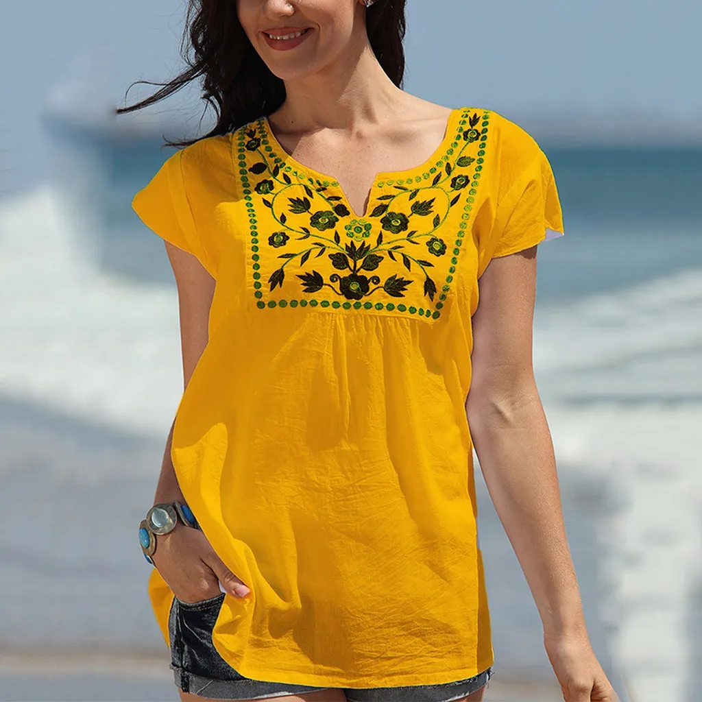 Women Short Sleeve T-shirt Ladies Summer Casual V Neck Vintage T Shirts Patchwork Solid Loose Tops Clothing Camiseta 2021 | Женская