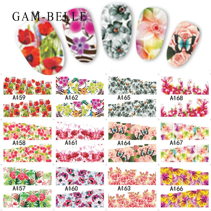 

GAM-BELLE 12 Sheets Full Cover Nail Stickers Flower Sequins Christmas Nail Decoration Water Transfer Decals Tattoo Manicure