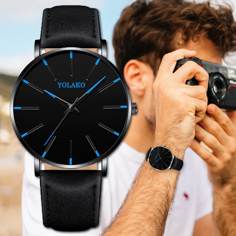 Простые мужские модные часы кожа черный цвет ультра тонкий матовый циферблат