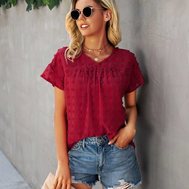 

2021 Spring Summer New Ladies Fashion Blouse V Neck Solid Loose Short Sleeve Street Style Pleating Women's Dress