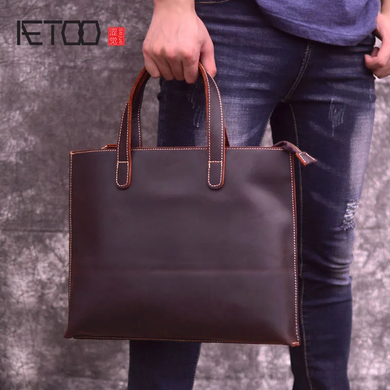 

AETOO Mad horse leather men's bag, vintage leather briefcase, hand-held shoulder bag, hand-made head leather slant bag