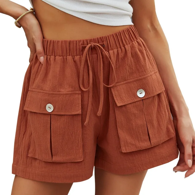 

Pockets Shorts Women Mid Waist Loose Straigth Fashion Solid Color Casual Homewear Summer New Female Drawstring Shorts Pants 2021
