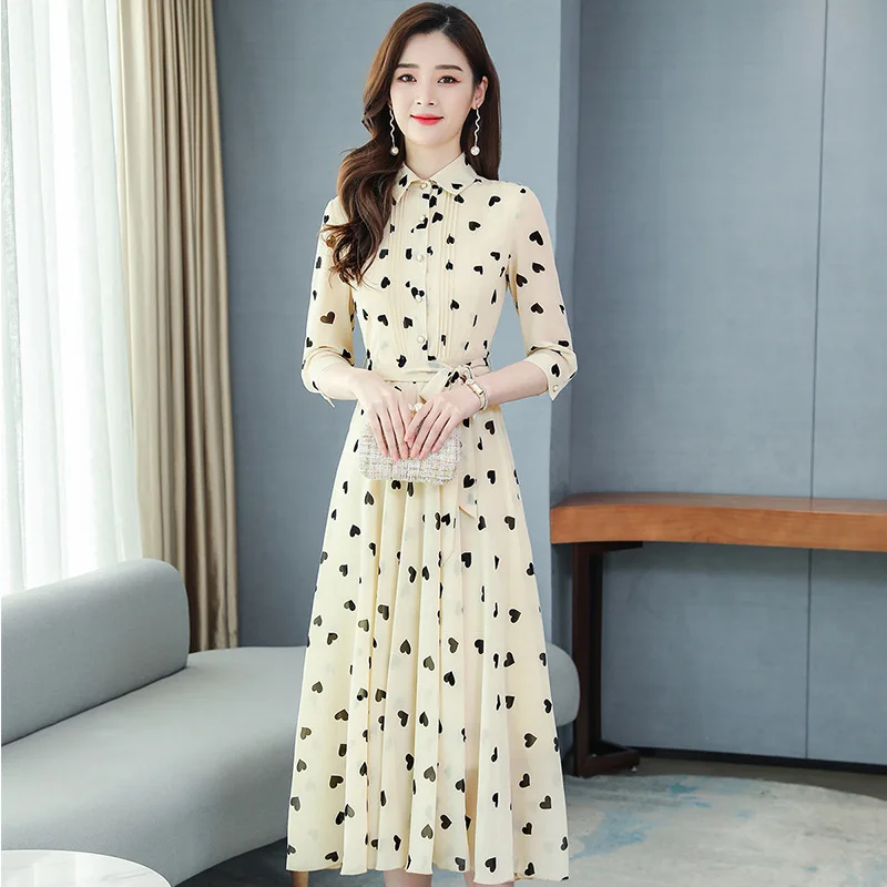 

the new Korean version of large size women's chiffon dress, knee-length dress and seven-point sleeve temperament skirt