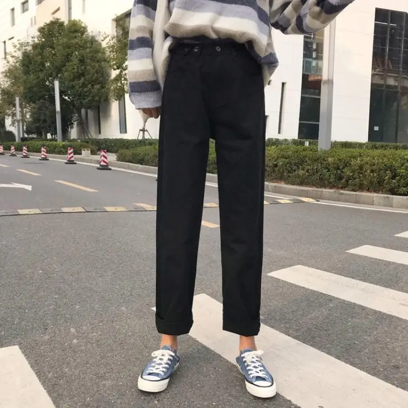 

Woman Jeans Pants Autumn Loose Straight Black Jeans High Waist Trousers
