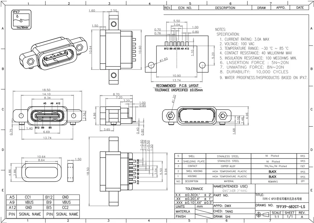 USB 3. 0 Type-C 6-контактный SMD DIP IPX7 водонепроницаемый гнездовой разъем с отверстием для