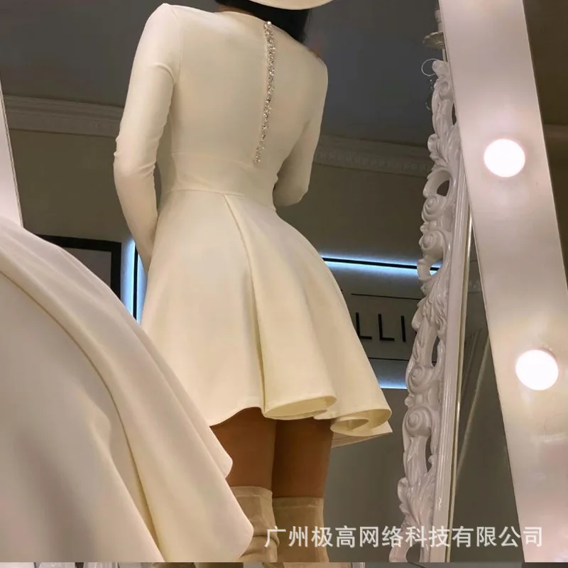 

Mandylandy Women's Casual V-neck Chain Dress Spring Fashion Long Sleeve High Waist Slim Solid Color Stitching Ruffle Dress