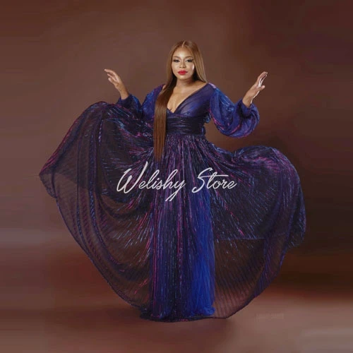 

Chic Royal Blue & Fuchsia Long Dressing Women Robe Illusion V-Neck Lantern Sleeve Floor Length Party-Dress Summer Custom Made