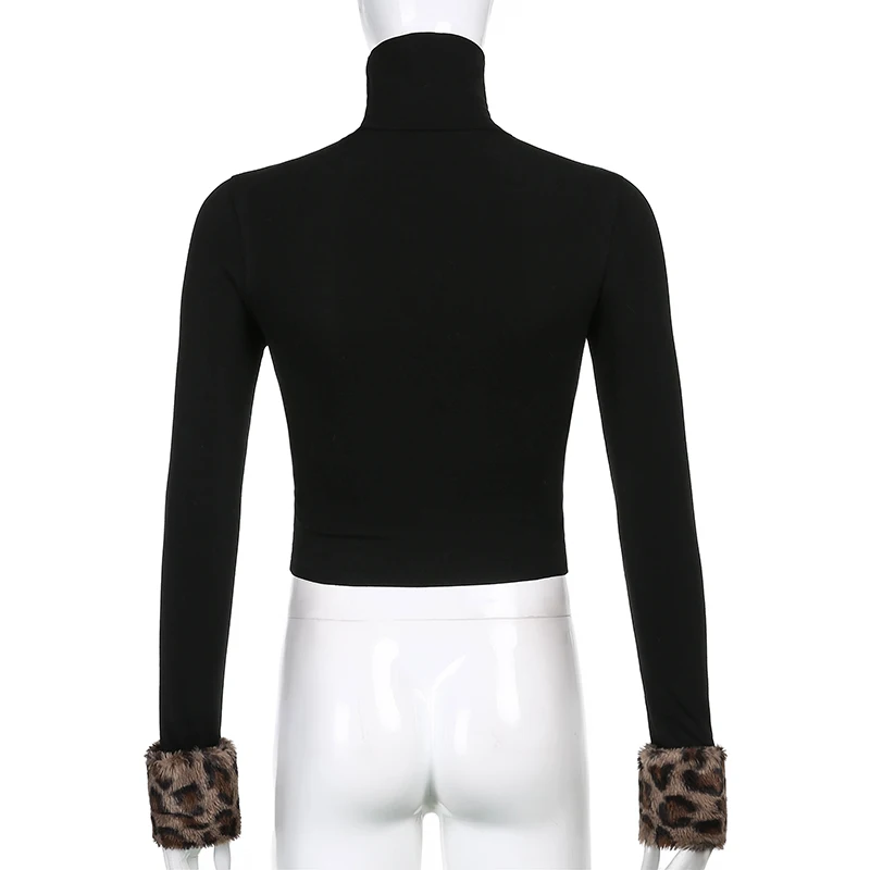 

Women\\u2019s T-Shirts Sexy Short Casual Long Sleeve Fashion Leopard Stitching High Collar Exposed Navel Tops Pullover 2021