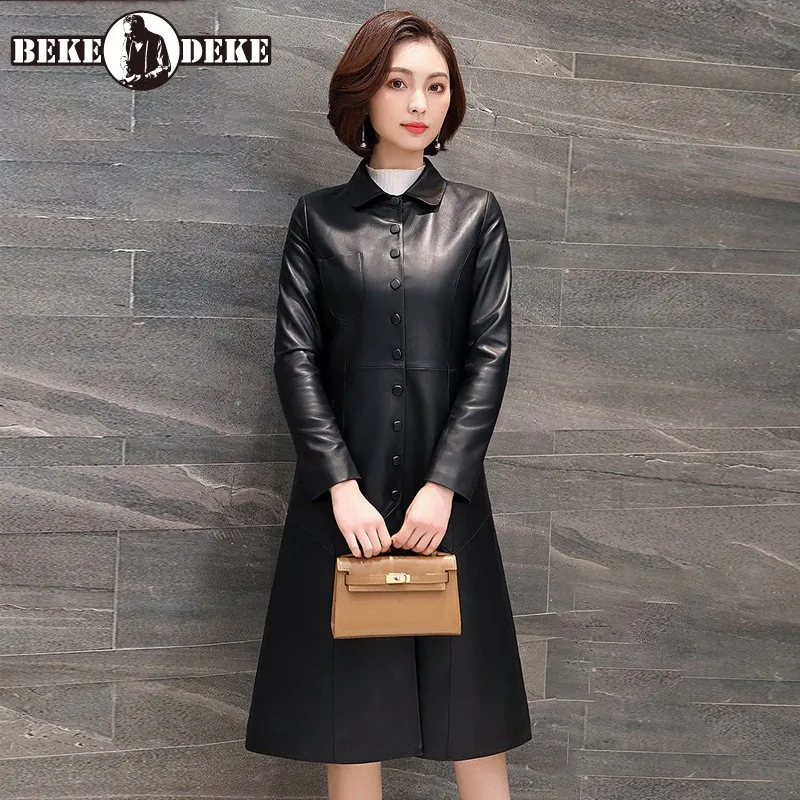 

Office Ladies Single Breasted Long Natural Sheepskin Genuine Leather Jacket Women Slim Fit Vintage Windbreaker Trench Coat