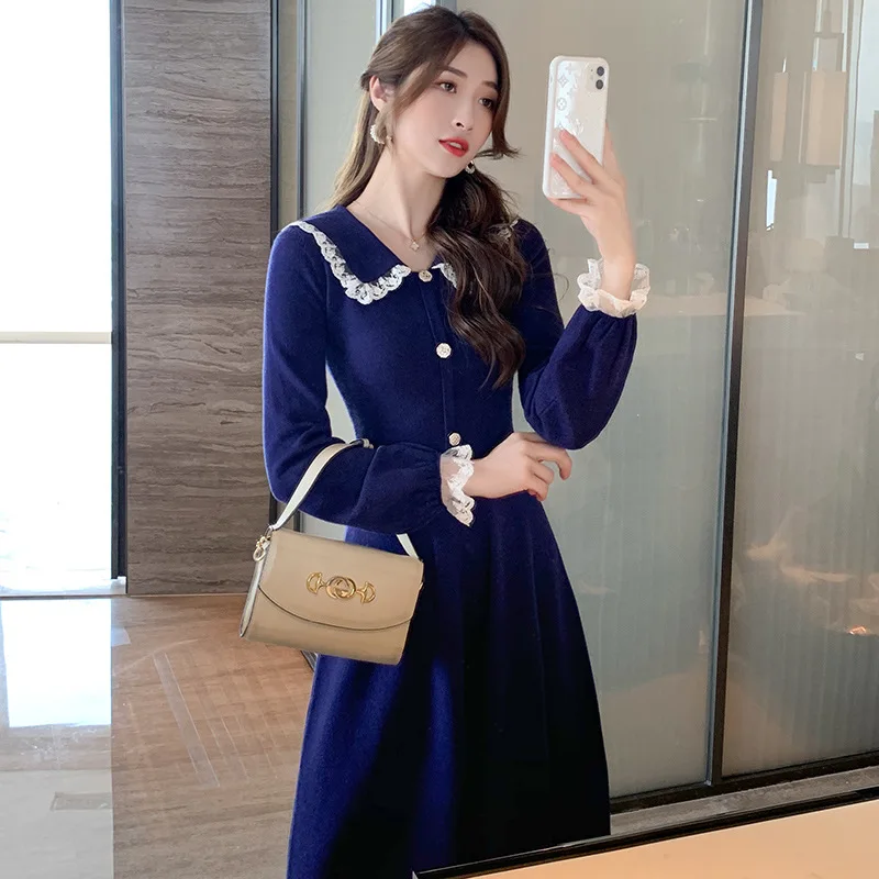 

Autumn Winter Knitted Dress 2020 New Style Temperament Sweet Baby Collar Lace Stitching Waist Show Thin Platycodon Long Skirt