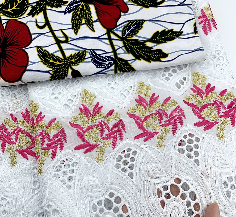 

Nigerian Lace Fabric Embroidered African Dry Lace Fabric 2020 High Quality Cotton Lace 2.5yards +3yards wax For Women Dress