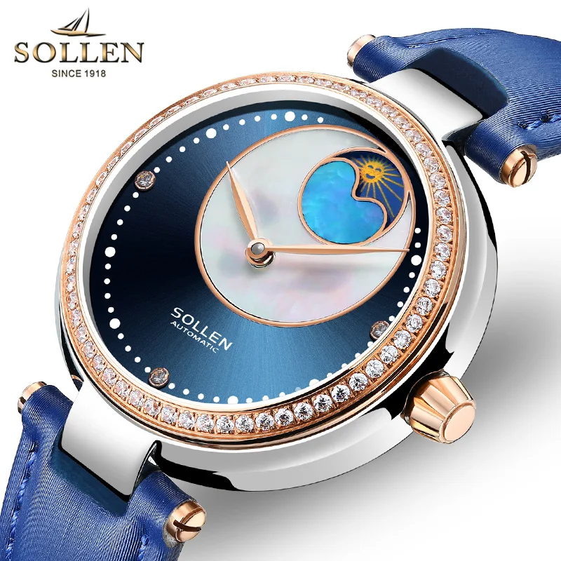 

New Switzerland Luxury Brand SOLLEN Automatic Mechanical Women's Watches Waterproof Diamond Leather Moon Phase Clocks SL410
