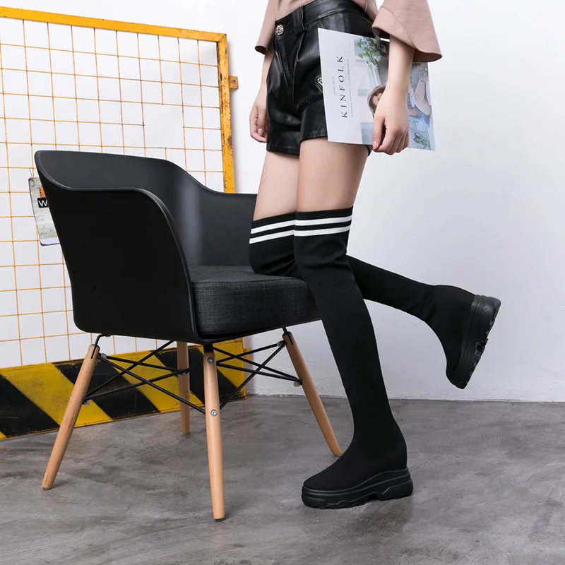 2020 женские сапоги до бедра сезон осень-зима из вязаного эластичного материала