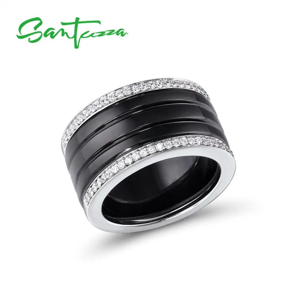 SANTUZZA, серебряные кольца для женщин, чистый 925 пробы, серебро, Круглый, белый, черный, керамика, кубический цирконий, простые, anillos, хорошее ювелирное изделие