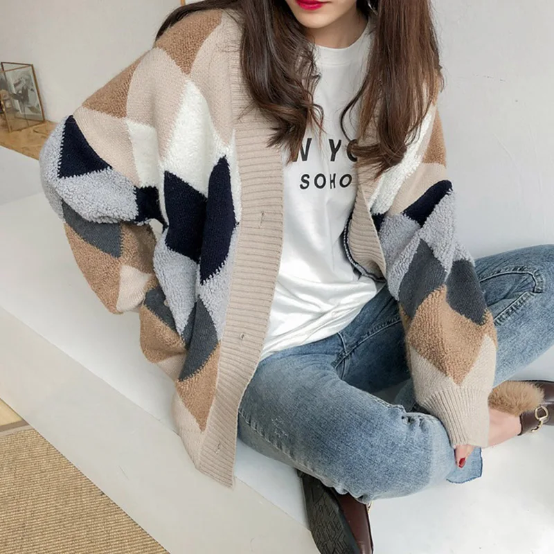 

Women Sweaters Autumn Winter 2020 fashion Casual Plaid V-Neck Cardigans Single Breasted Loose Female Long Sleeve Warm Sweater