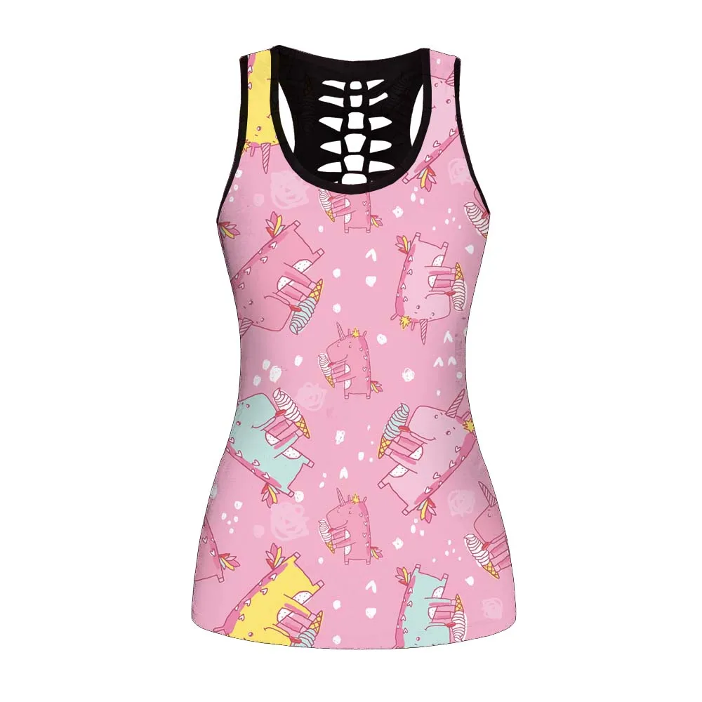 Сексуальный женский жилет с вырезами на спине розовый синий мультяшным 3D принтом