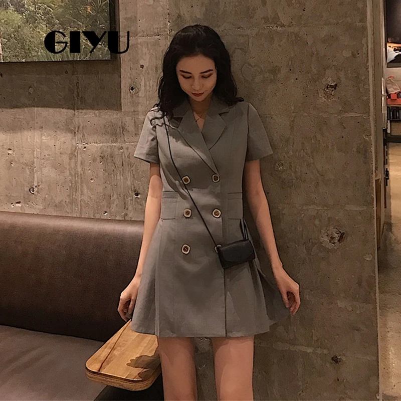 GIYU летнее женское мини платье с v образным вырезом однотонное офисное Vestido