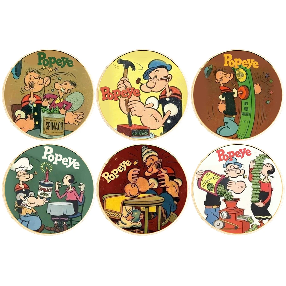 

Art Ornaments 6Pcs Present Popeye Gold Plated Metal Coin Home Decor Collection Valentine's Day Present