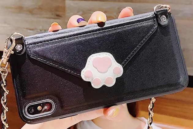 Черный Чехол-кошелек Kawaii с когтями кошки для iPhone 11 PRO XS MAX 6 8 plus huawei P20 P30 Pro с отделением для карт и цепочкой с длинным ремешком - Цвет: Черный