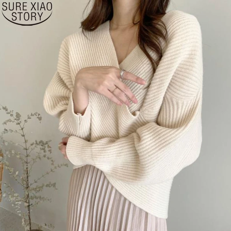 

Solid Simple V-neck Loose Sweater Autumn Winter Thick Pullovers Women Sweaters Elegant Long Sleeve Warm Pull Femme Tops 16060