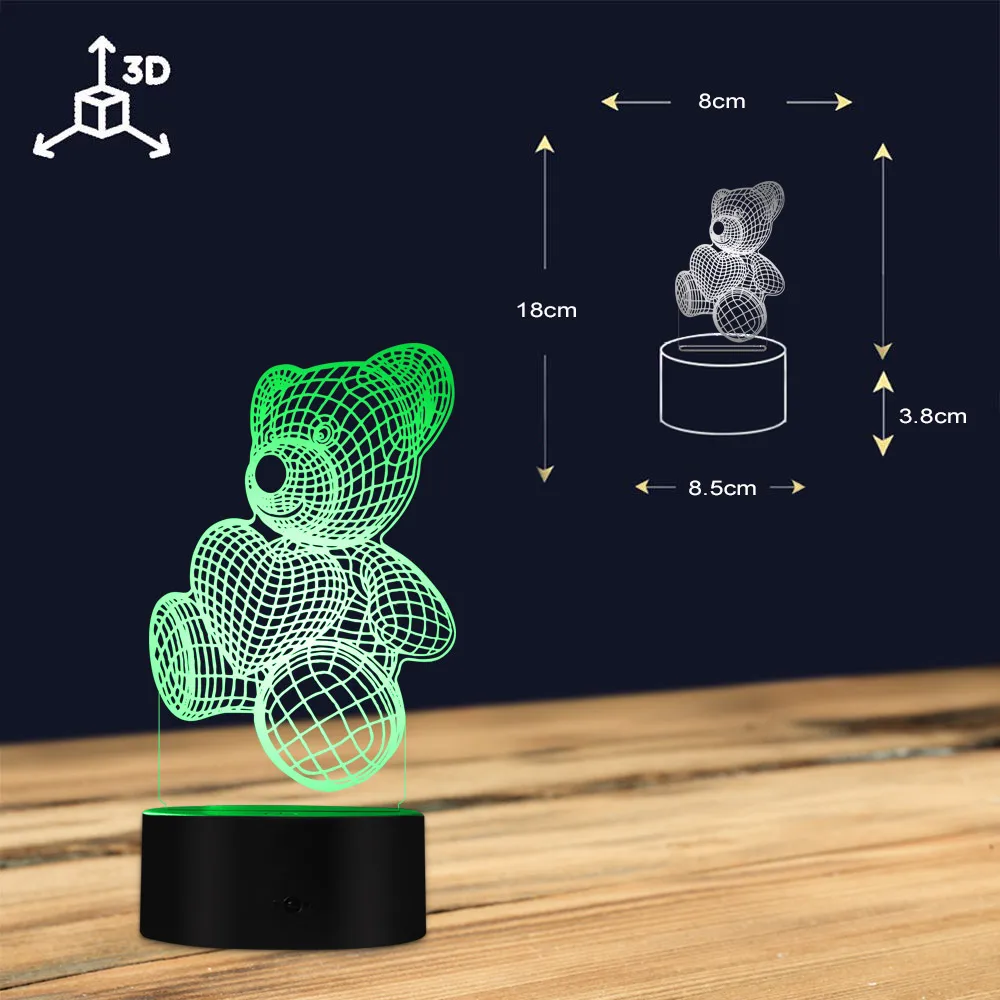 Симпатичный медведь с любящим сердцем 3D эффект Оптическая иллюзия светильник