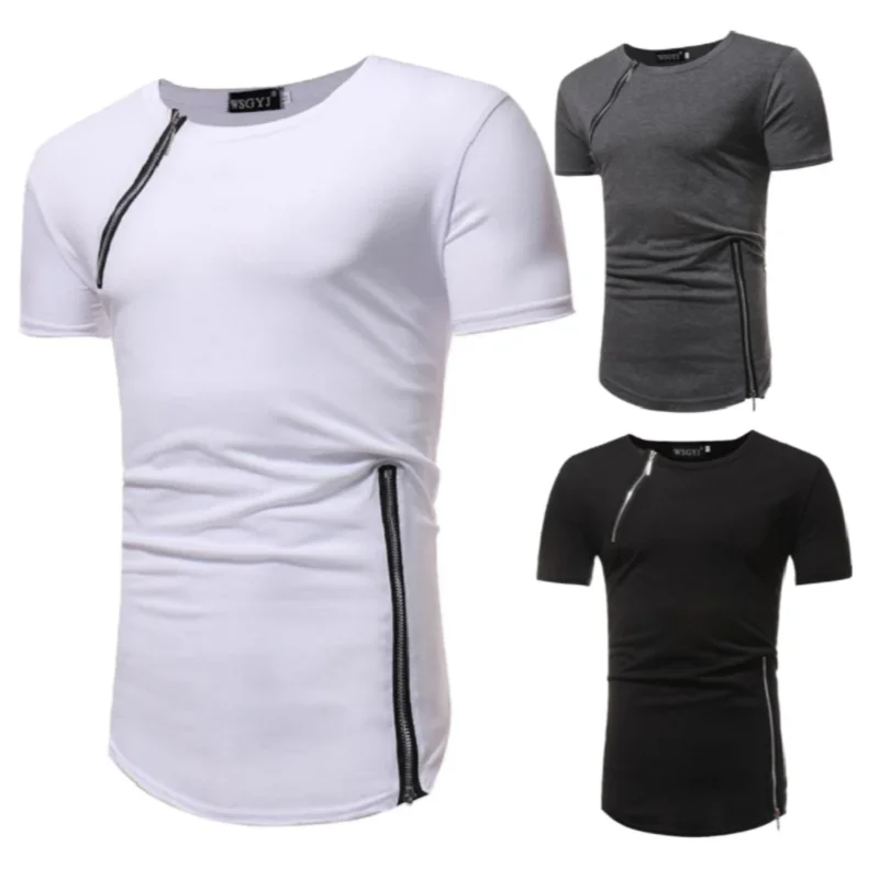 Новая европейская Мужская мода молния панель сплошной тонкий короткий рукав