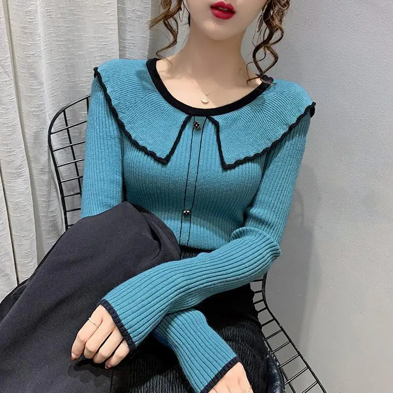 2020 fall/winter new doll collar knit sweater button pullover women's fashion inner look thinner bottoming top sweater