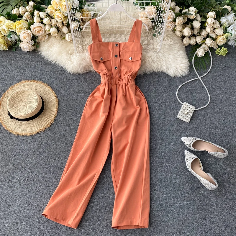 

Women's Tooling Jumpsuits 2020 Summer New Tube Top Open-back Sleeveless Waist Pockets Wide Legs Candy-colored Jumpsuit Women